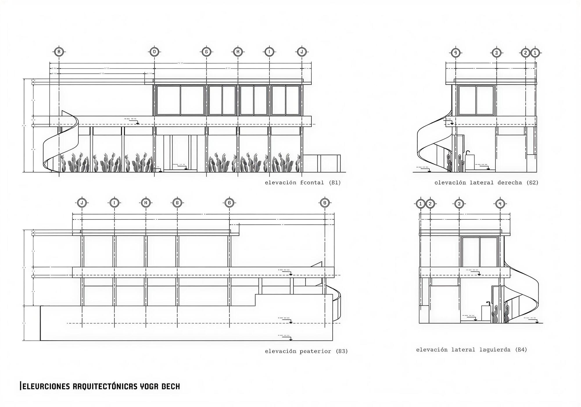 Elevation drawing set showing four facades with spiral stair, column grid, and planted foreground