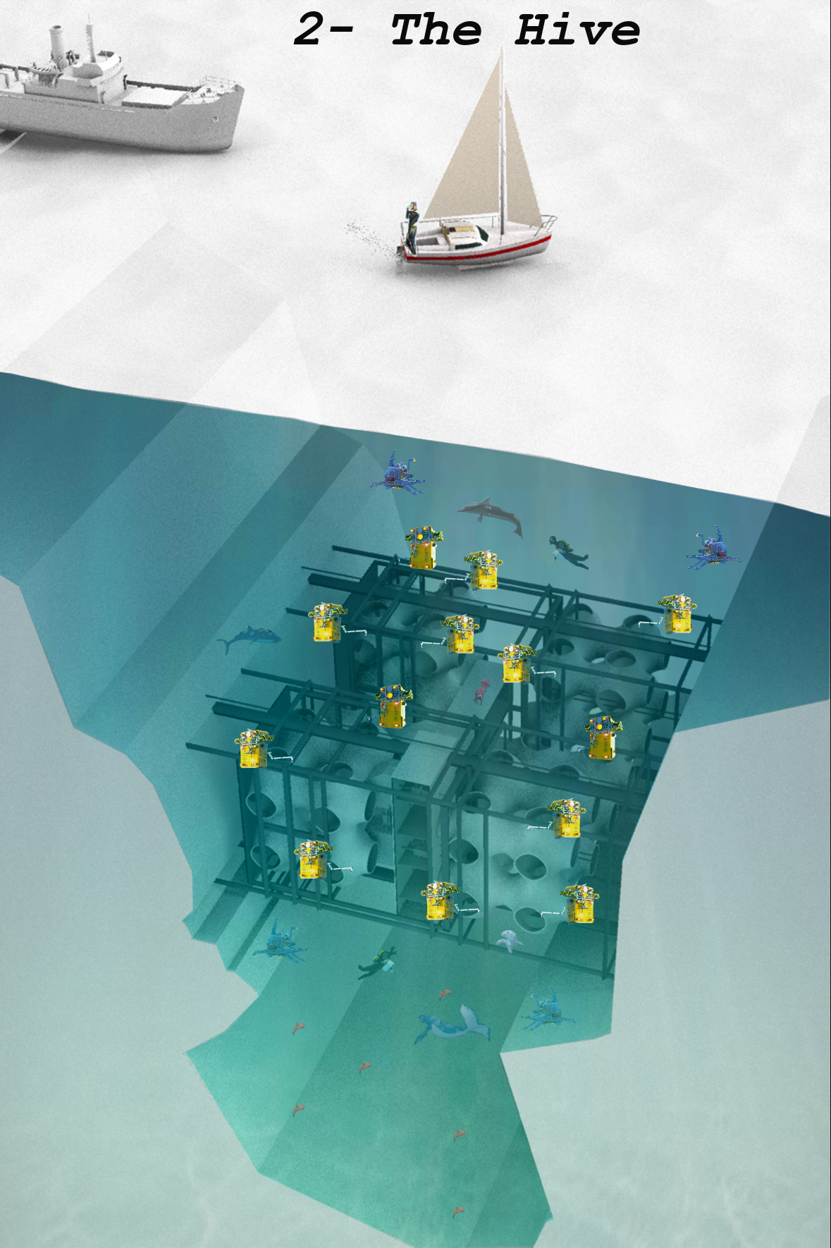 Sectional drawing of a submerged modular grid structure with vertical elements beneath a sailboat at the surface