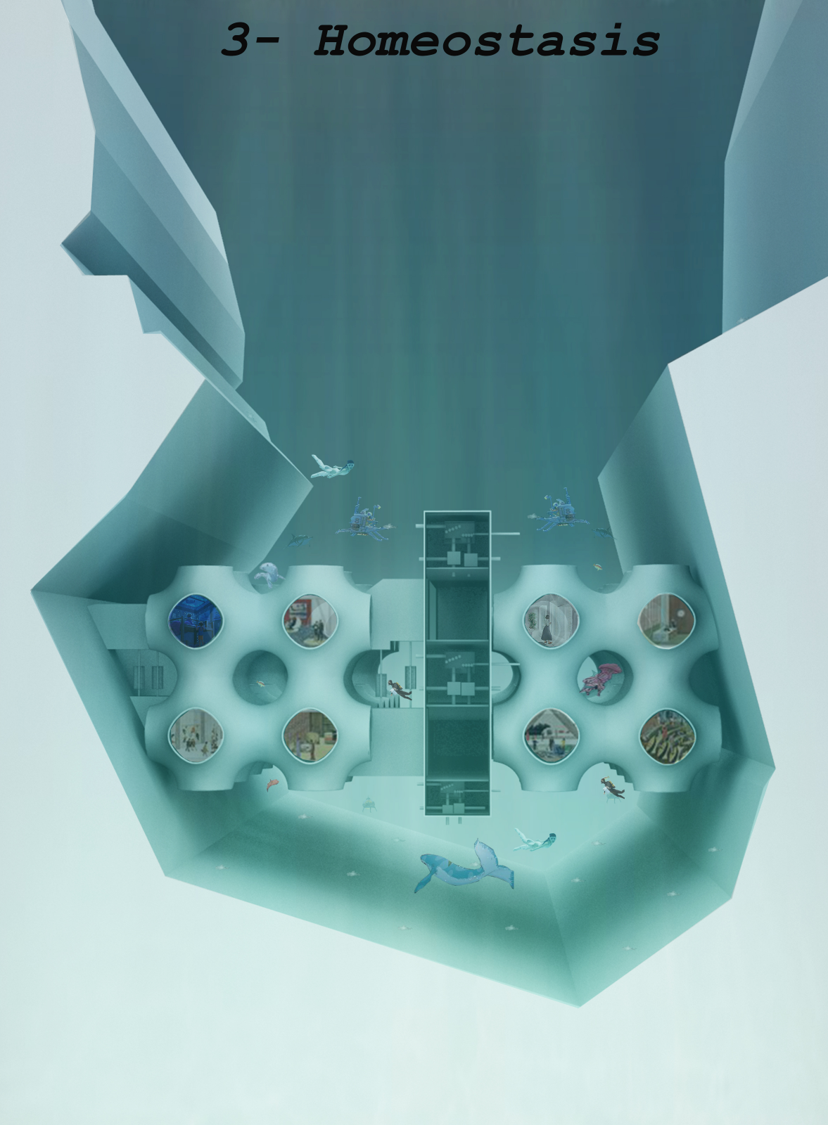 Underwater view showing modular circular pods with glazed apertures flanking a central circulation tower with marine life