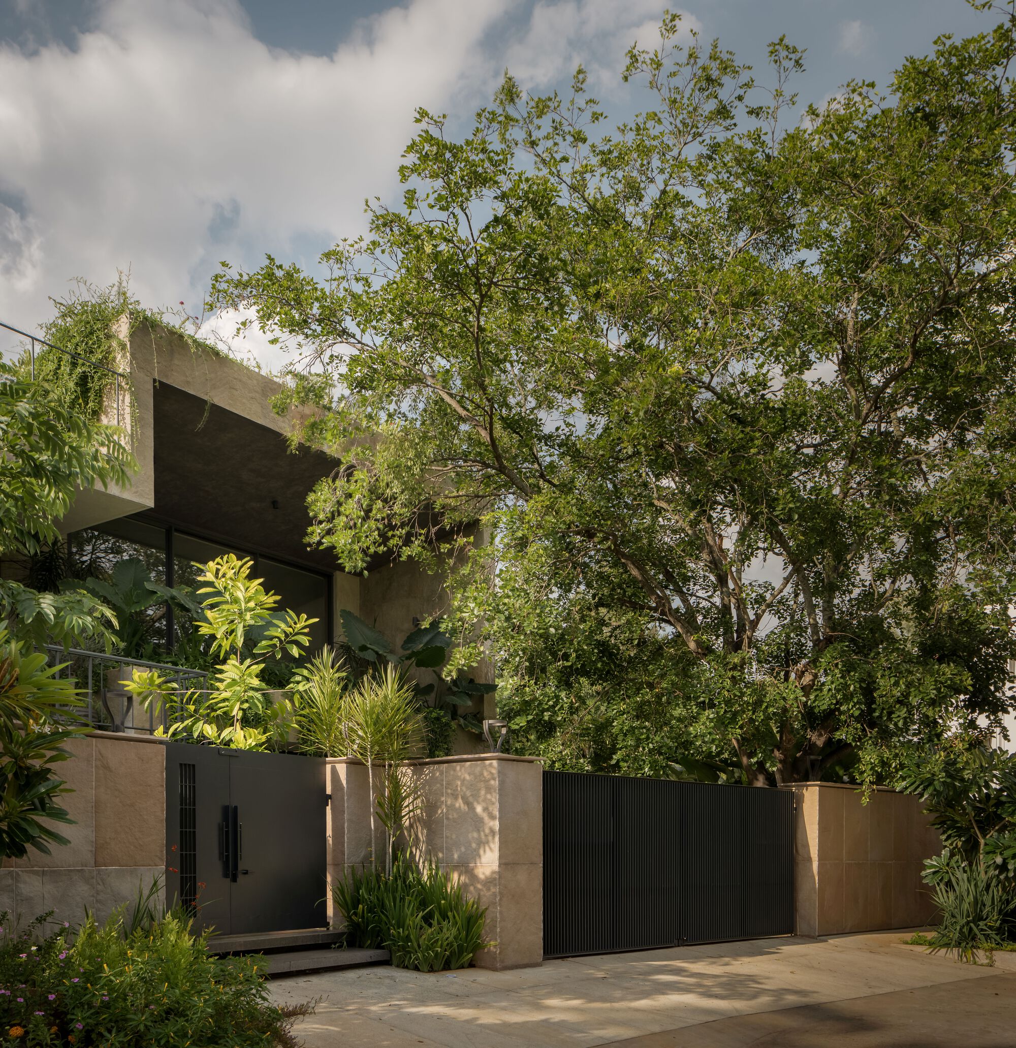 Street-facing stone and black-panel gate flanked by planted beds under mature tree canopy