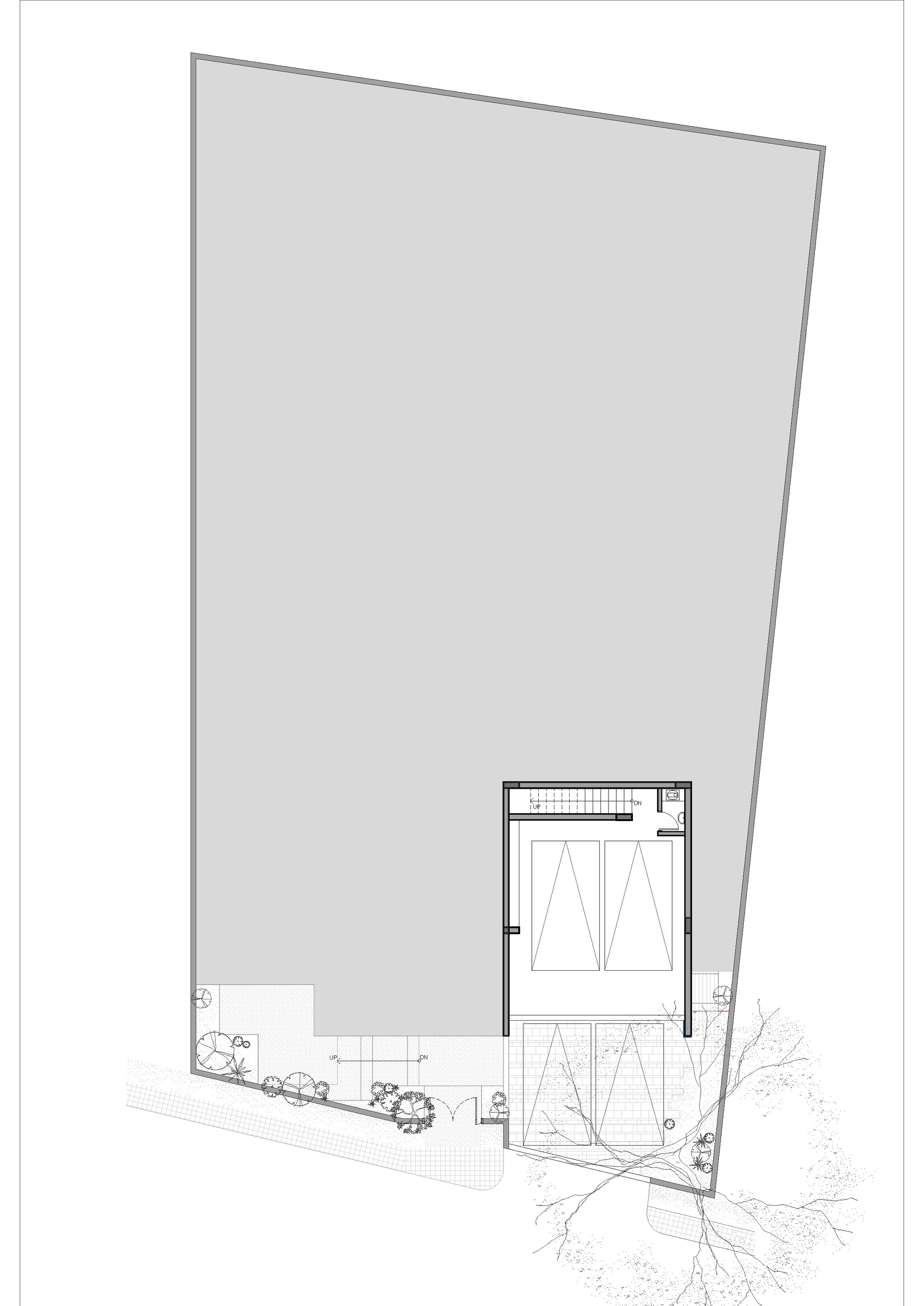 Section drawing showing a multi-storey volume with landscaped terraces and a large tree at ground level