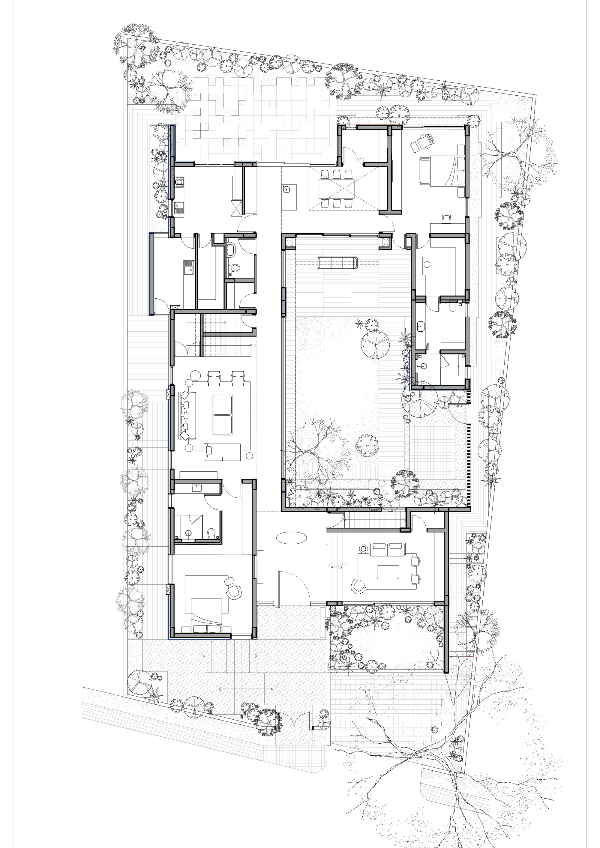 Ground floor plan drawing showing rooms arranged around central courtyards with perimeter planting and terraces