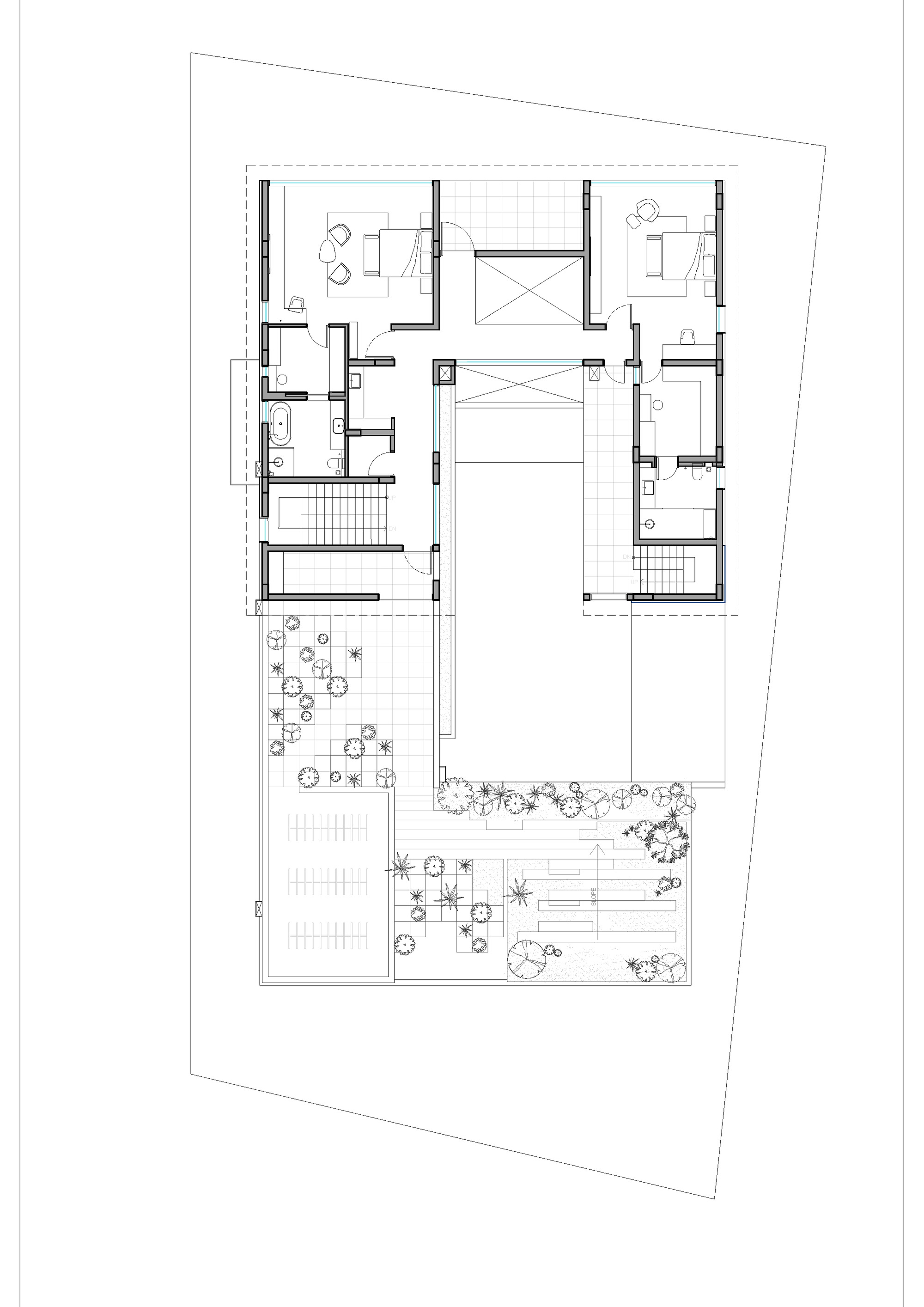 Upper floor plan drawing with bedrooms flanking a central void and a landscaped terrace at one corner