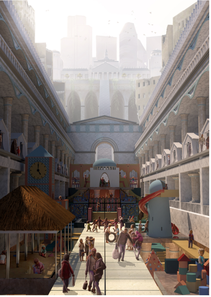A vibrant refugee-camp playground reimagined as a familiar architectural world for children.