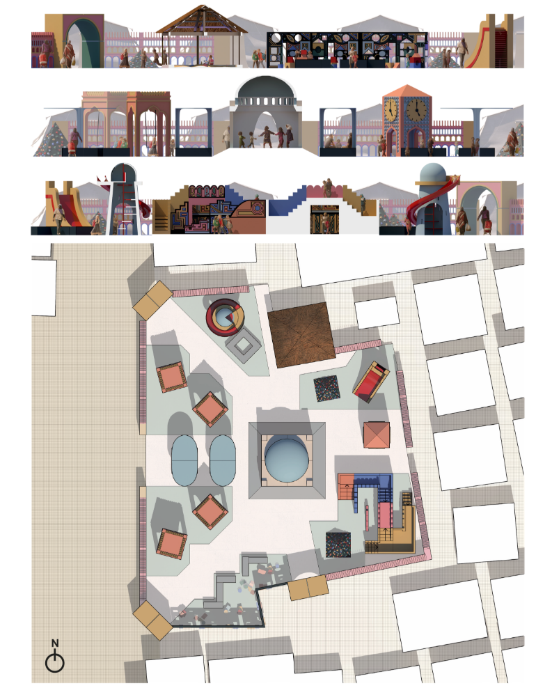 Sections and site planning reveal interconnected zones for movement, learning, and social play.