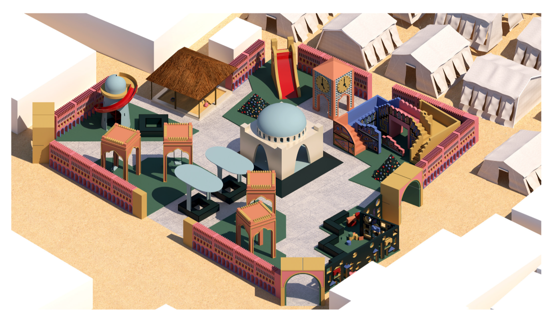 An axonometric view shows the playground as a compact, colorful community landscape.