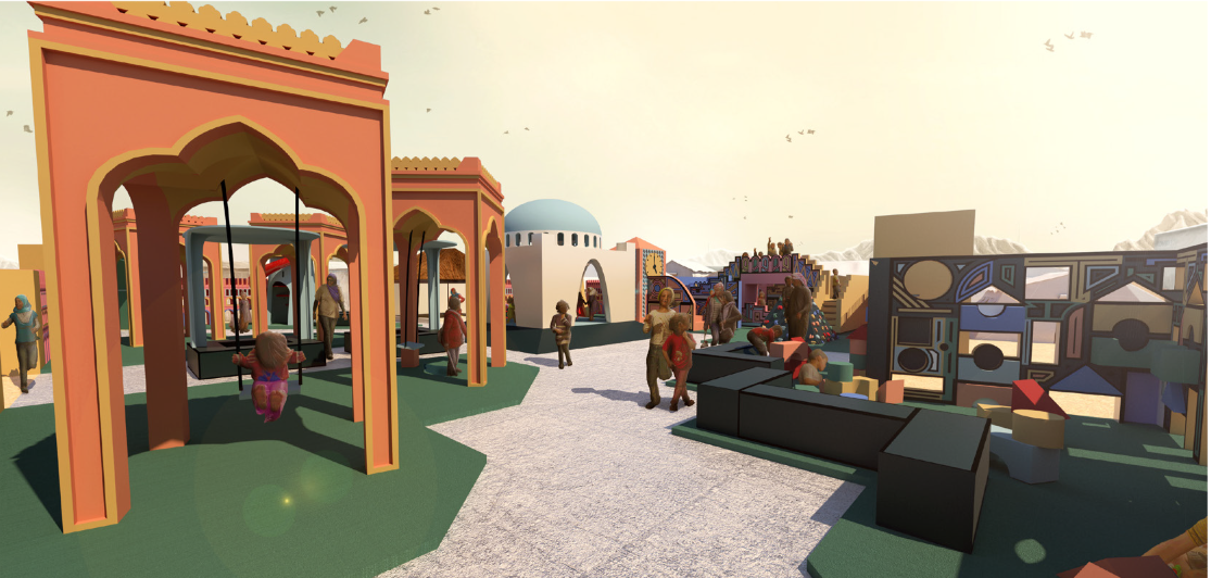 Familiar architectural forms frame spaces for swings, gathering, creativity, and everyday interaction.