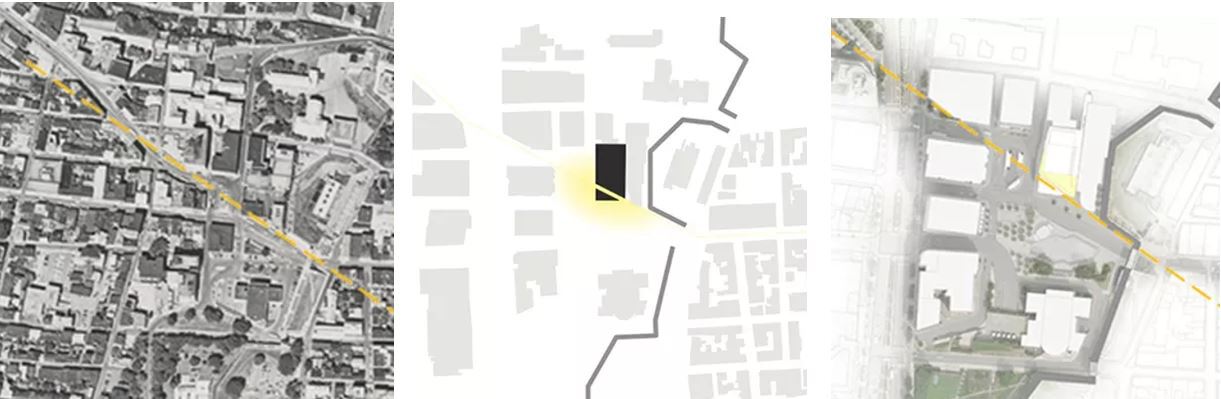 Site plan drawings showing aerial photograph, figure-ground diagram, and axonometric view with highlighted building