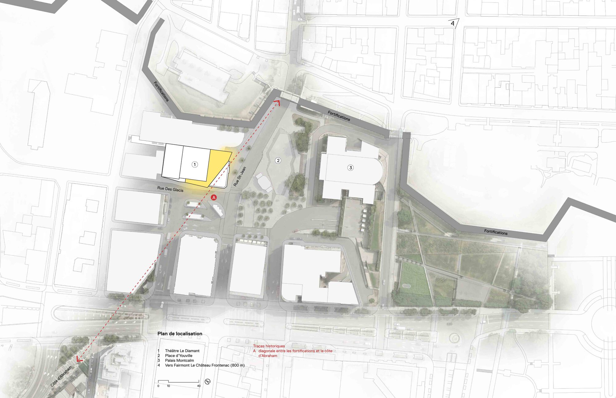 Site plan drawing showing plaza layout with surrounding buildings and planted zones in rendered detail