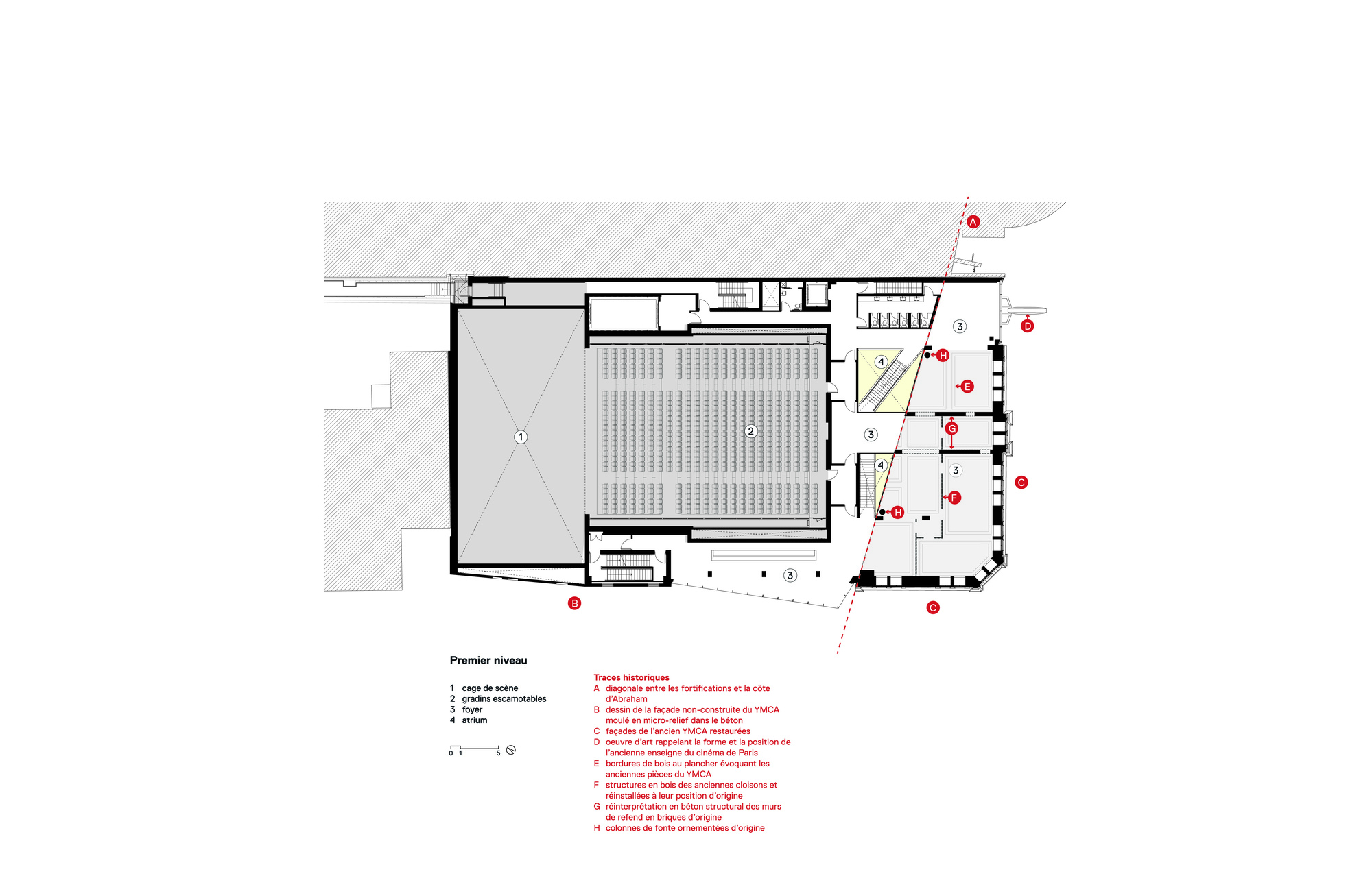 First floor plan drawing showing the auditorium balcony with rows of seating and a curved corner volume