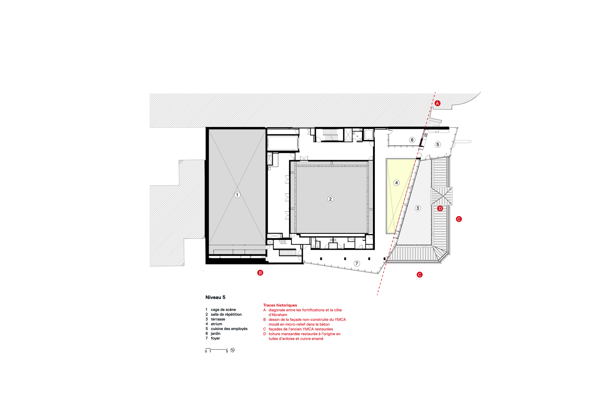Upper floor plan drawing showing an open rehearsal hall and a triangular auxiliary space with stairs