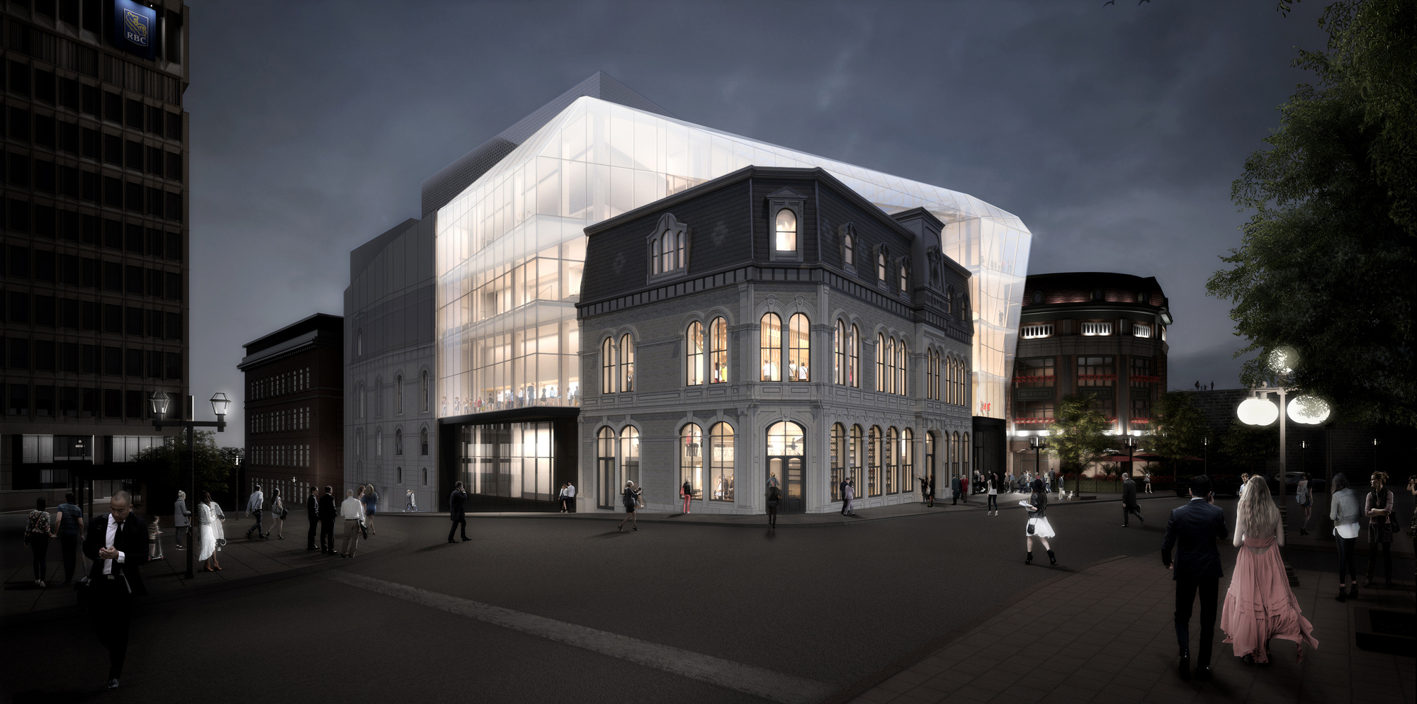 Night rendering of the translucent curved addition rising above a historic arched masonry building with pedestrians in the street