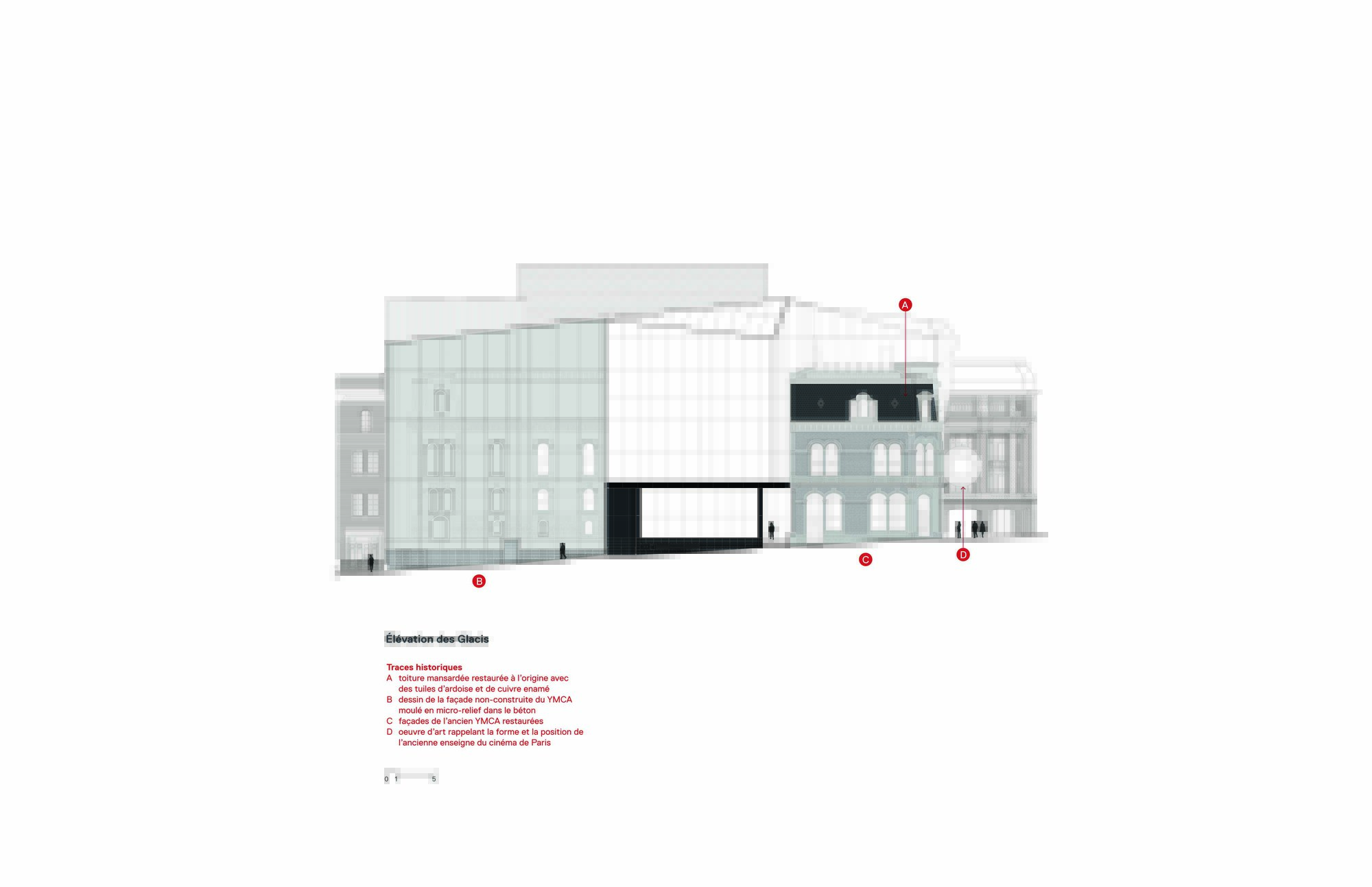 Elevation drawing showing the translucent curved volume atop a historic facade with neighboring buildings