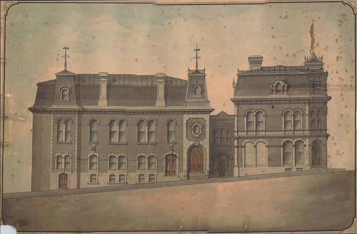 Elevation drawing of two connected mansard-roofed buildings with ornamental detailing and cross-topped tower