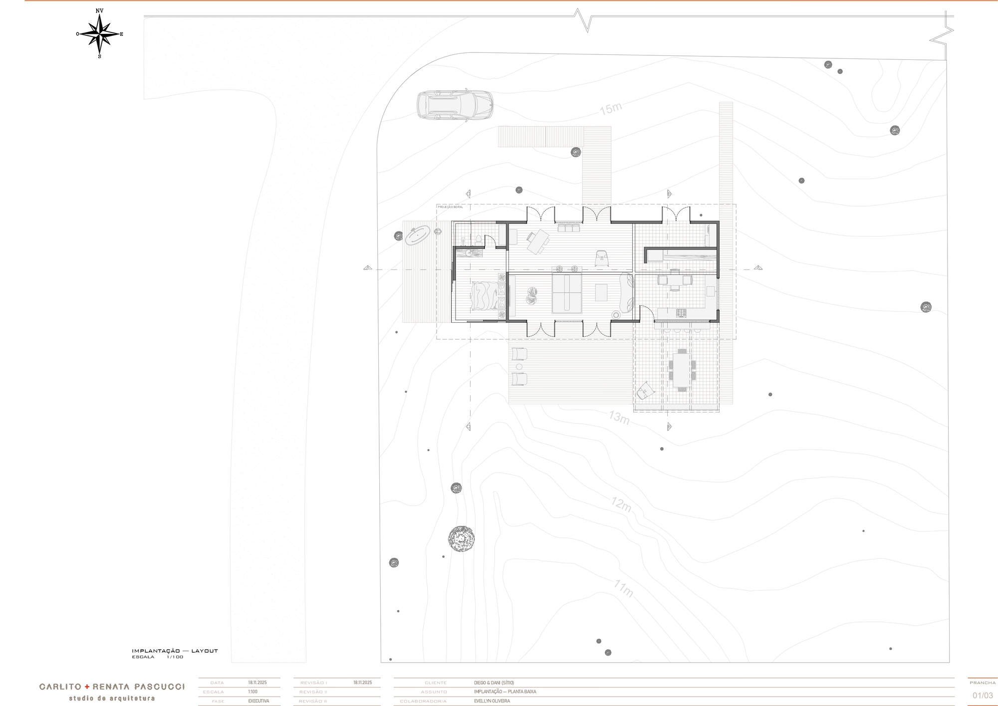 Site plan drawing showing the residence footprint surrounded by vegetation and topographic contours