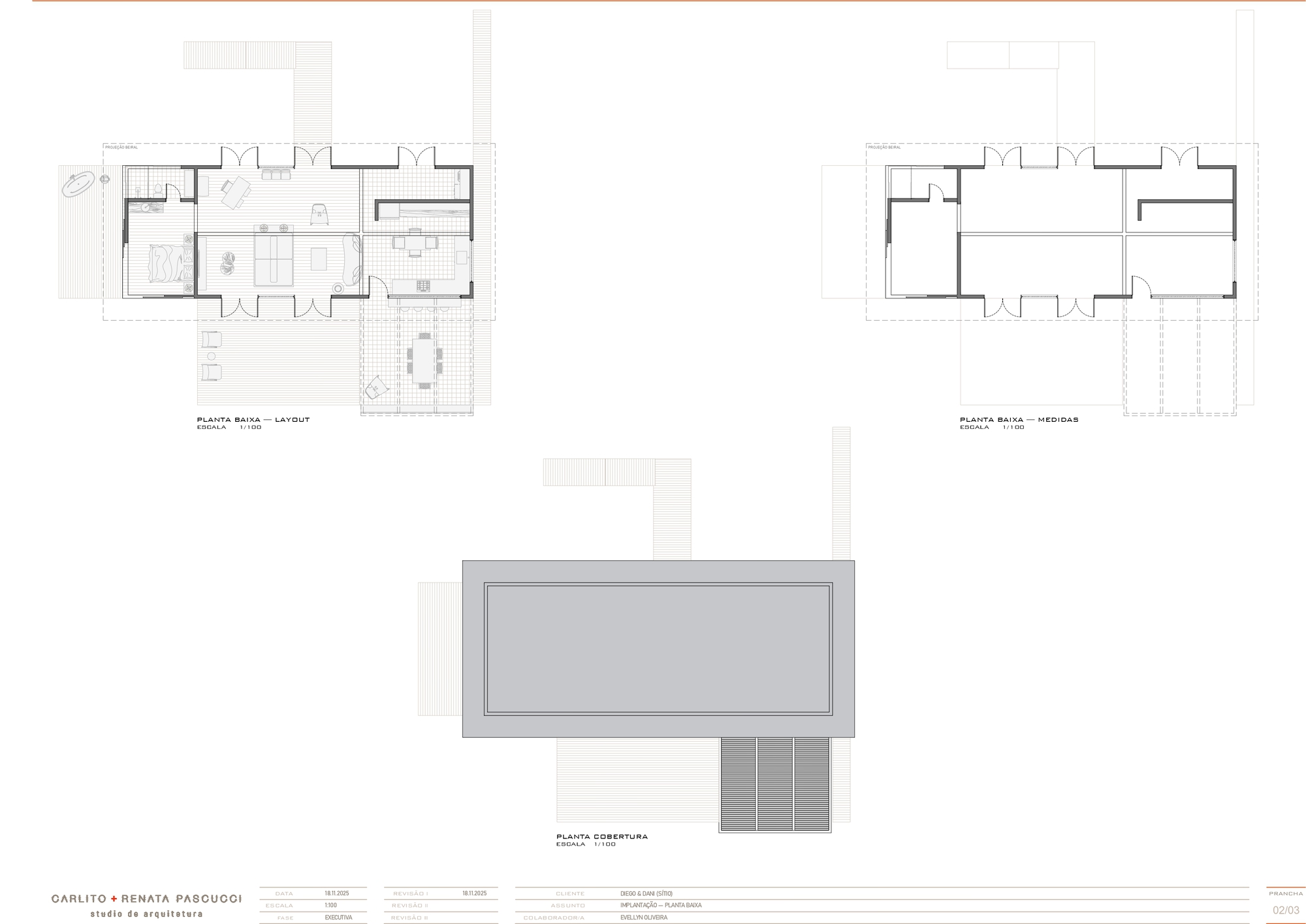 Floor plan and roof plan drawings showing the linear layout and pool terrace