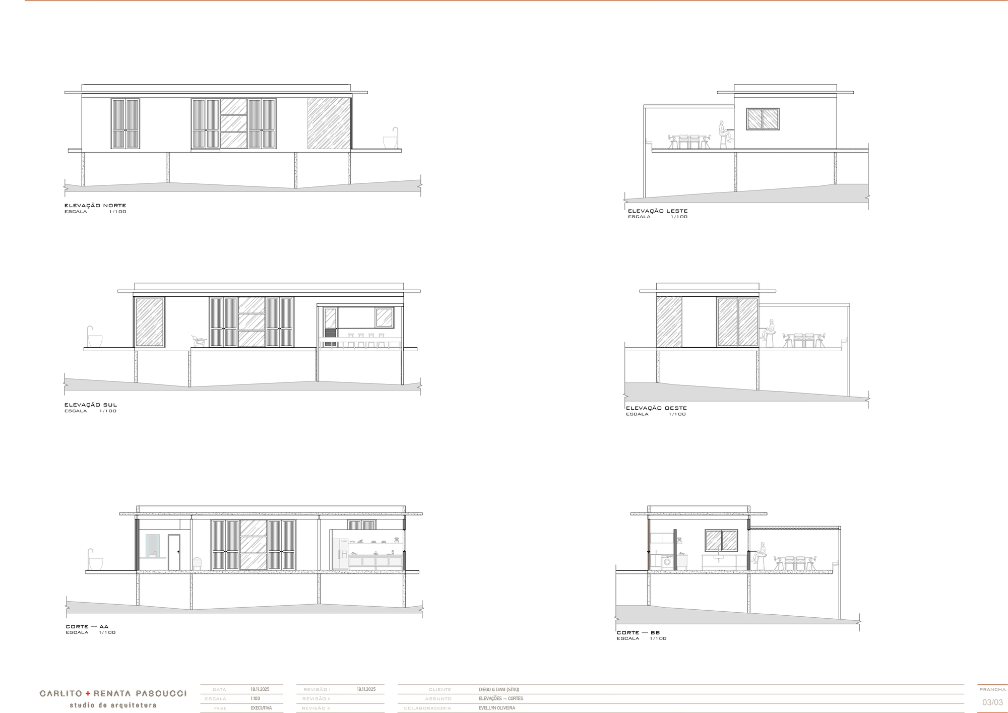 Set of six elevation and section drawings showing a two-story dwelling with varied window openings and material patterns