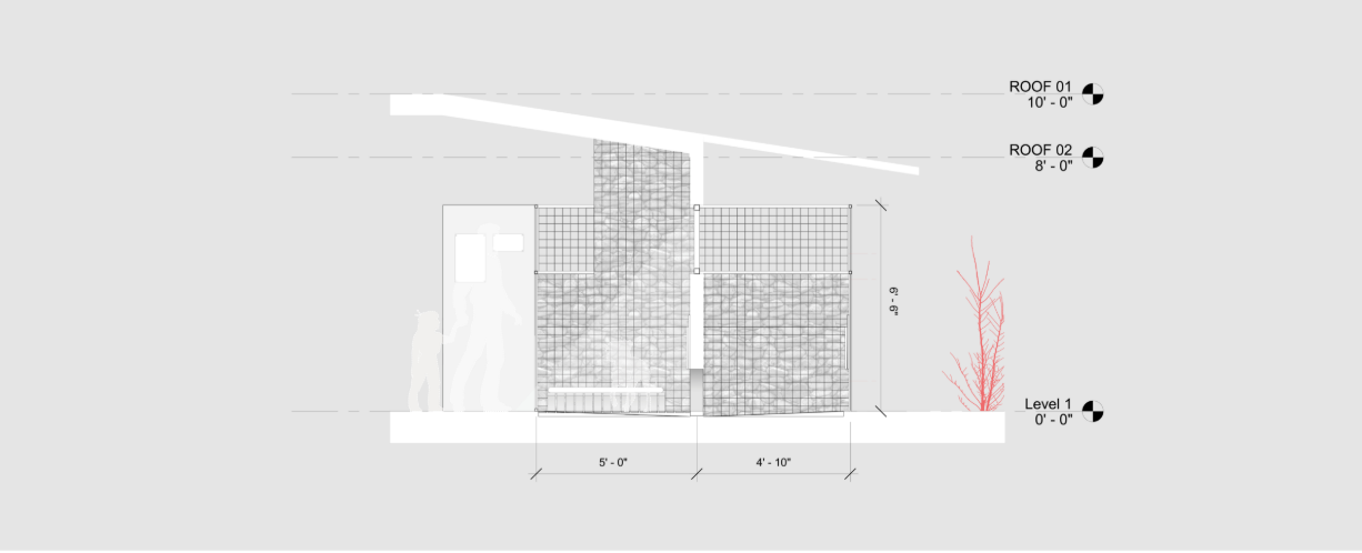 Section detail showing gabion partitions, layered roof planes, and a protected kennel space.