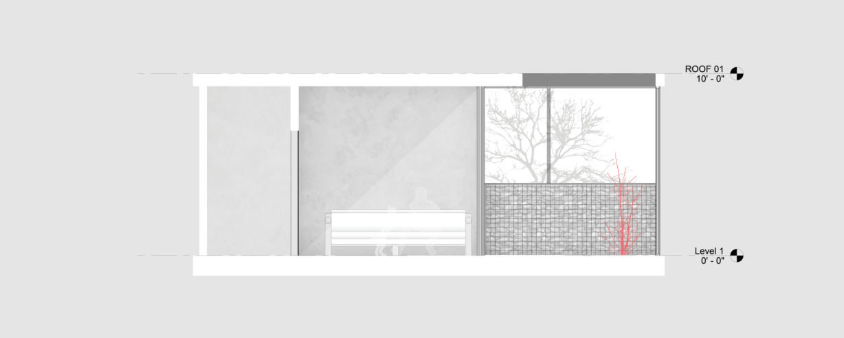 Interior section illustrating a quiet meeting room connected visually to the landscaped courtyard.