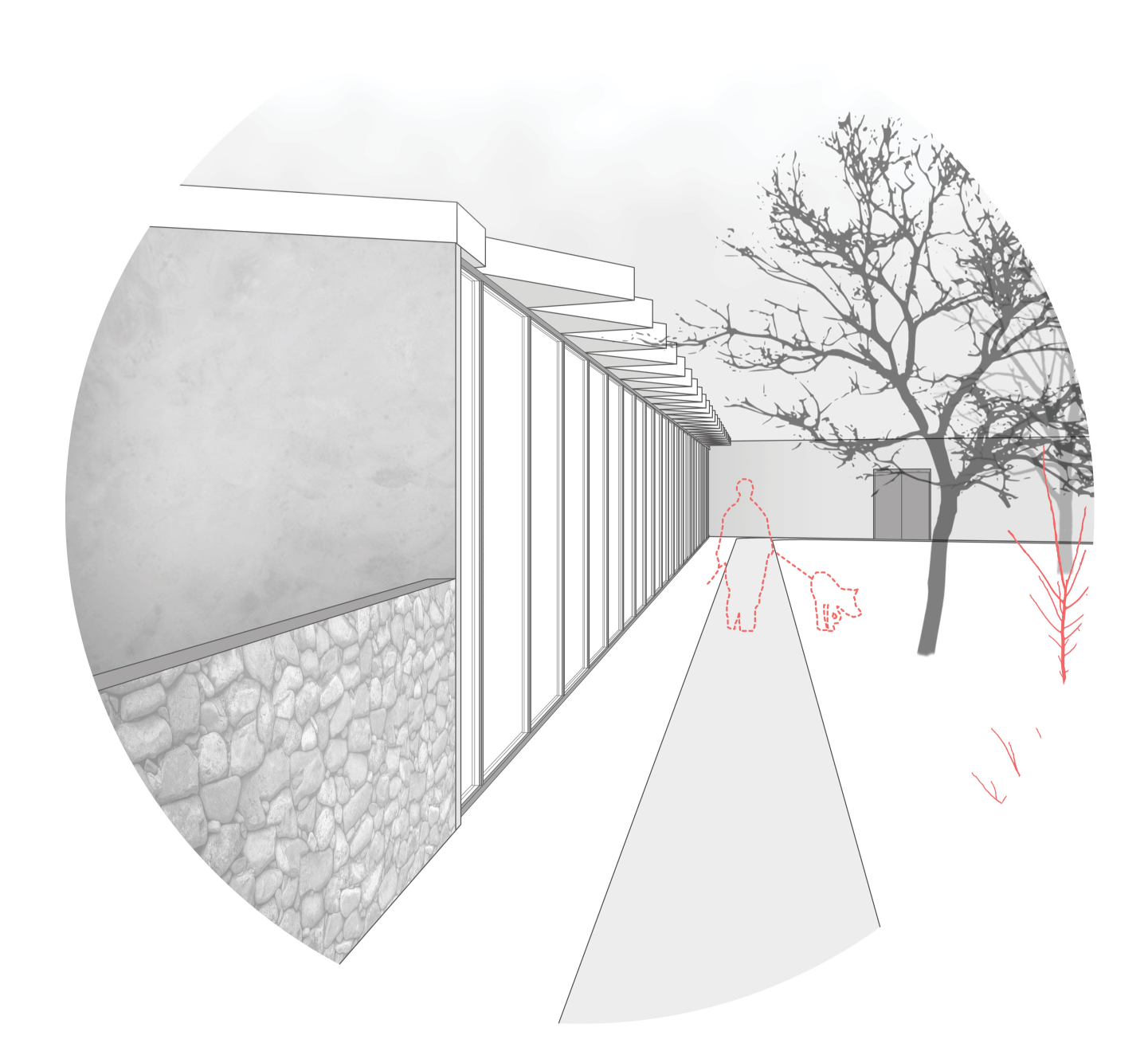 Outdoor circulation path linking the shelter architecture with trees, planting, and walking areas.