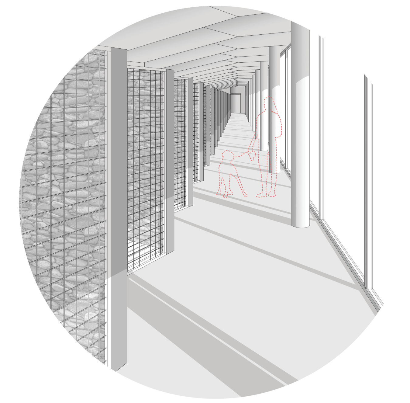 Staggered kennel corridor designed to create more focused, one-on-one encounters with each dog.