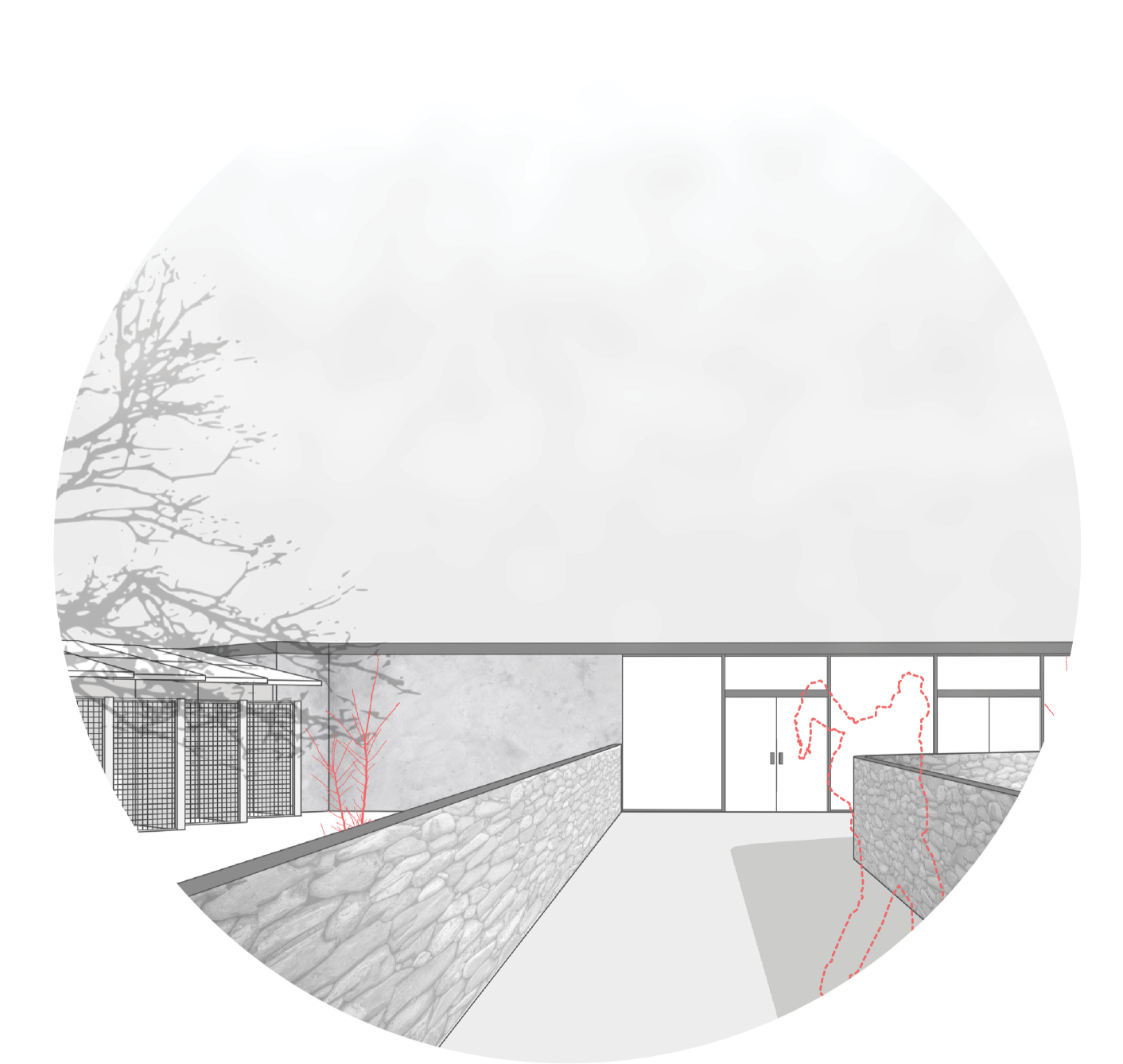 Courtyard approach framed by gabion walls, planting, and transparent shelter spaces.