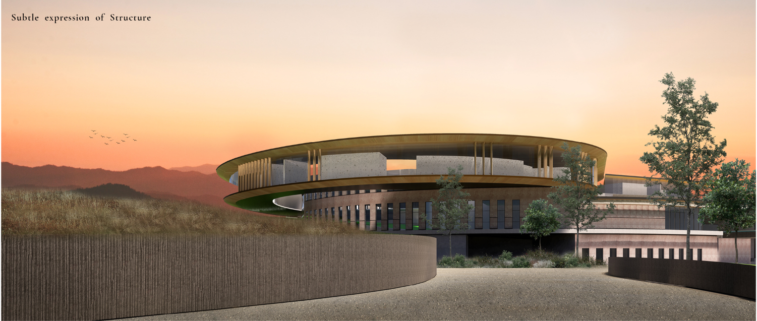 The winery’s curved profile settles into the Cape Winelands beneath the warm evening sky.