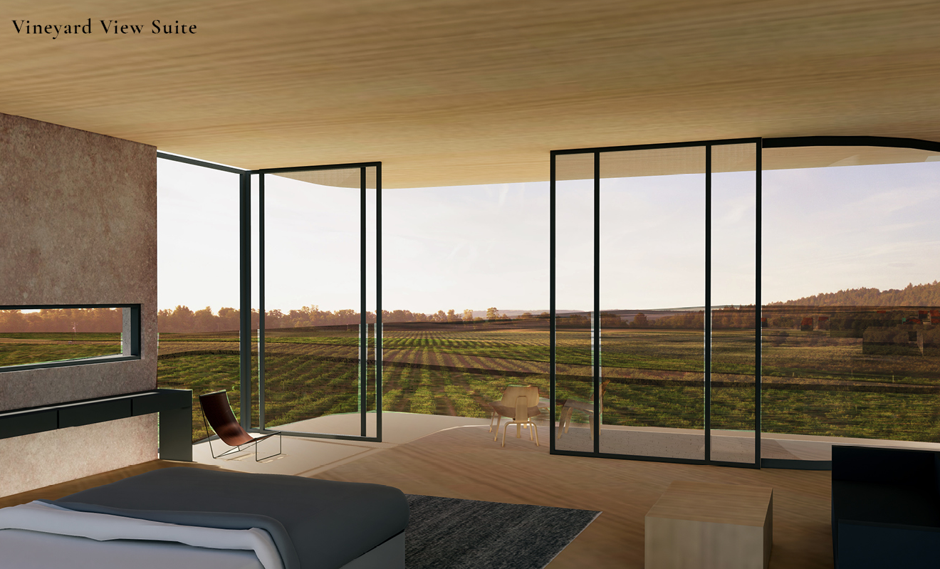 A vineyard-facing suite frames uninterrupted views through expansive glazing and warm timber interiors.