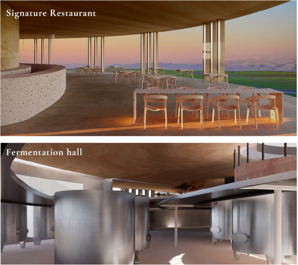 The signature restaurant and fermentation hall unite refined hospitality with the working process of winemaking.