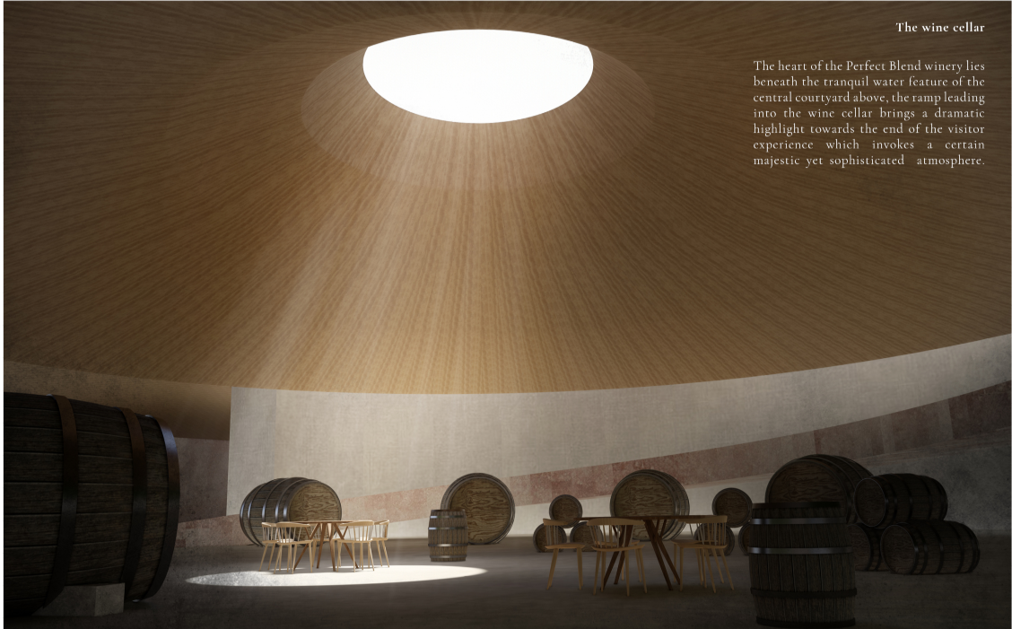 A circular skylight creates a dramatic focal point within the atmospheric underground wine cellar.