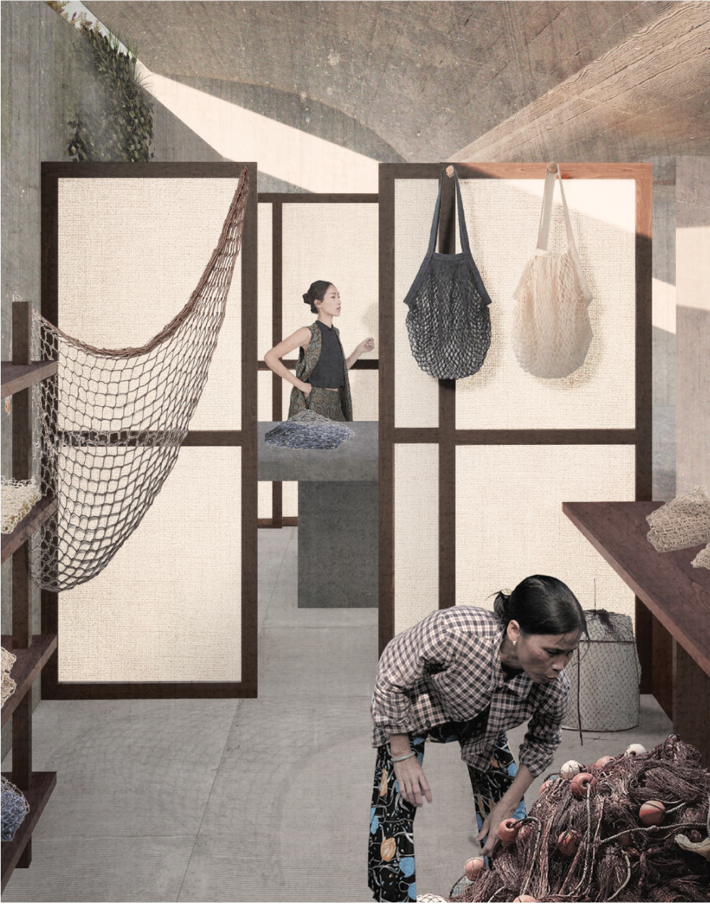 Interior space with dark timber-framed fabric screens, hanging net bags, and two figures working with textiles