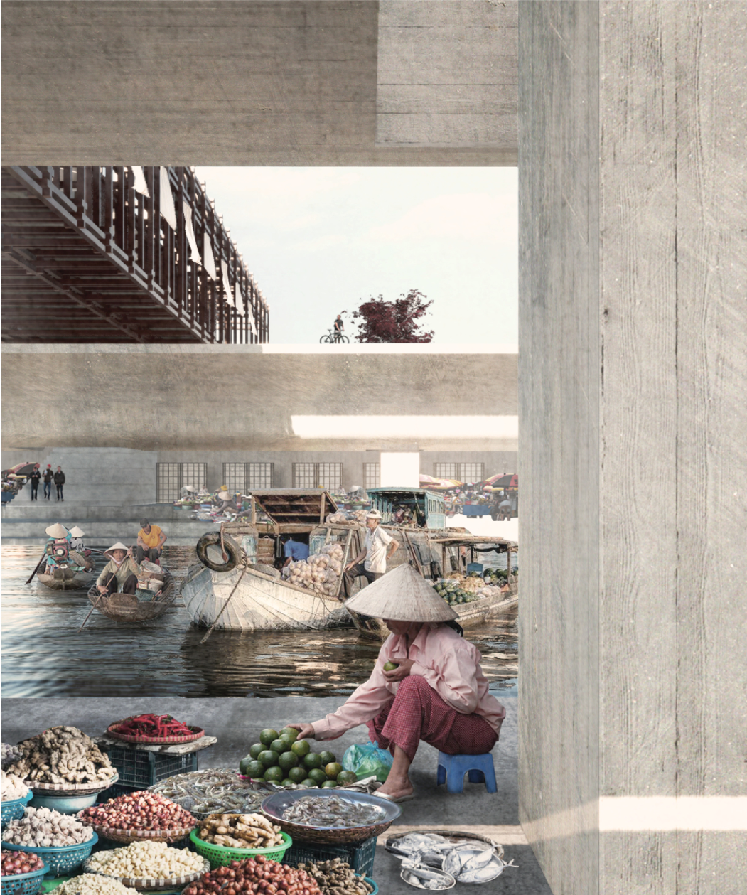 View through board-formed concrete frame to floating market with vendor in pink and laden boats below