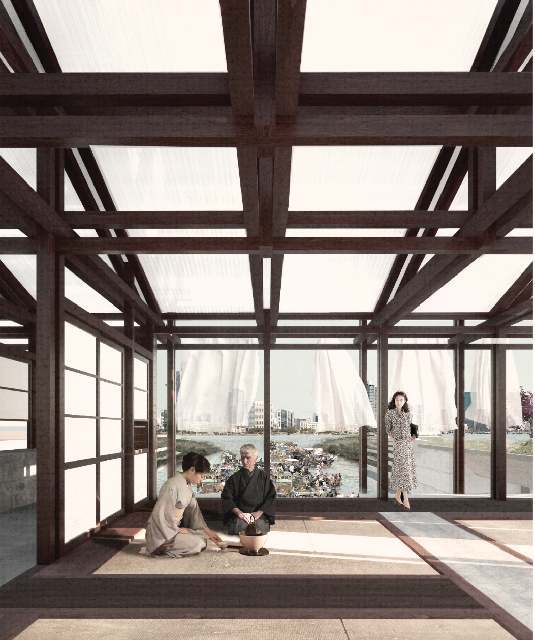 Timber post-and-beam pavilion with translucent roof panels and three figures overlooking the river