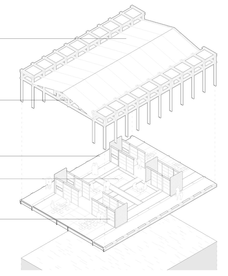 Axonometric drawing showing a covered timber-frame structure above enclosed residential spaces with courtyard planting