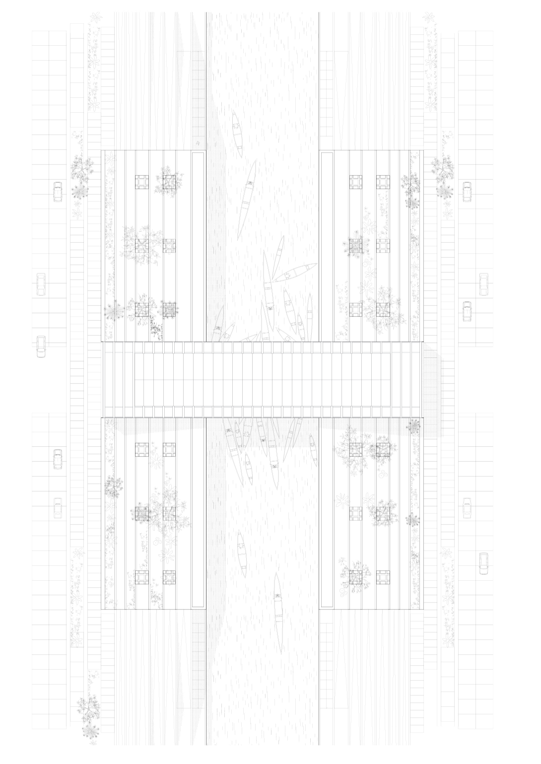 Site plan drawing depicting long rectangular buildings separated by central circulation spine and waterway with boats