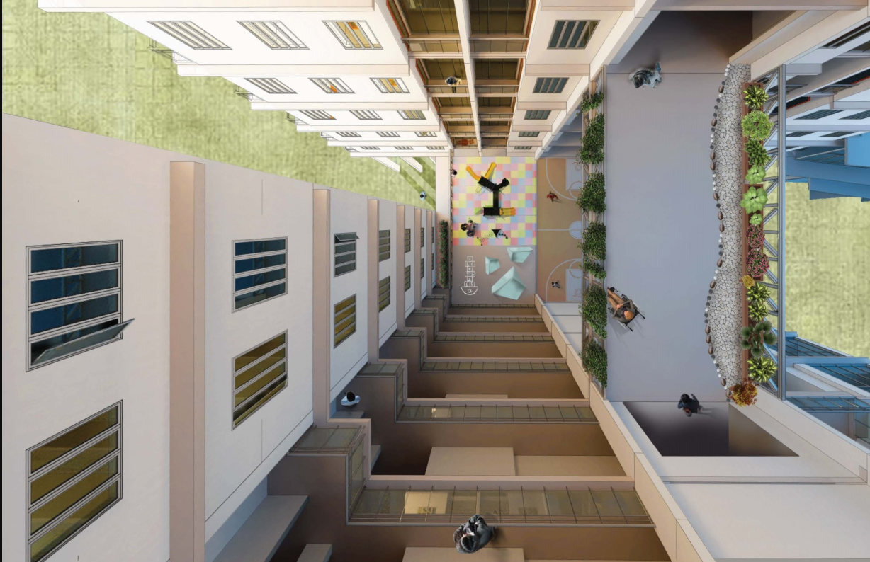 Courtyard view showing vertical residential blocks arranged around a shared social core.
