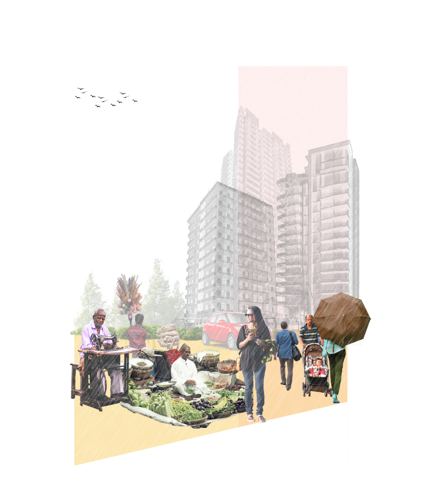 Urban collage highlighting everyday street life within the mixed-use housing context.