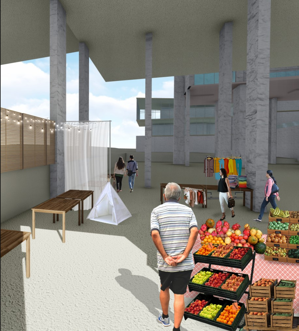 Shaded flea market space activating the public ground level of Locus Habitat.