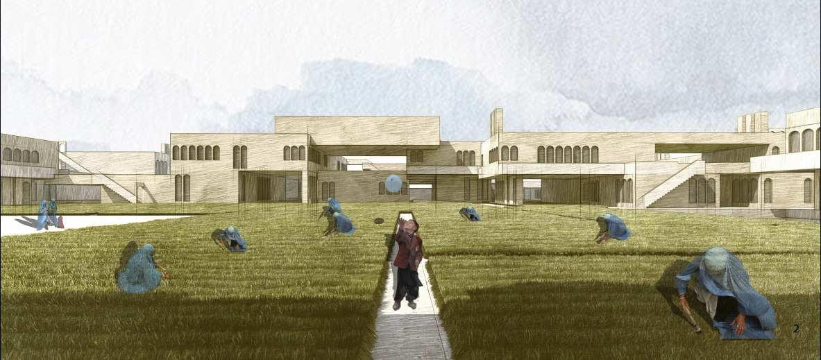 Productive farm courtyards integrate agriculture, community life, and healing within the residential complex.