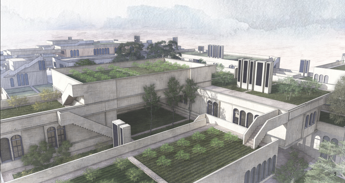 Layered green roofs and planted courtyards transform the settlement into a productive landscape of community spaces.