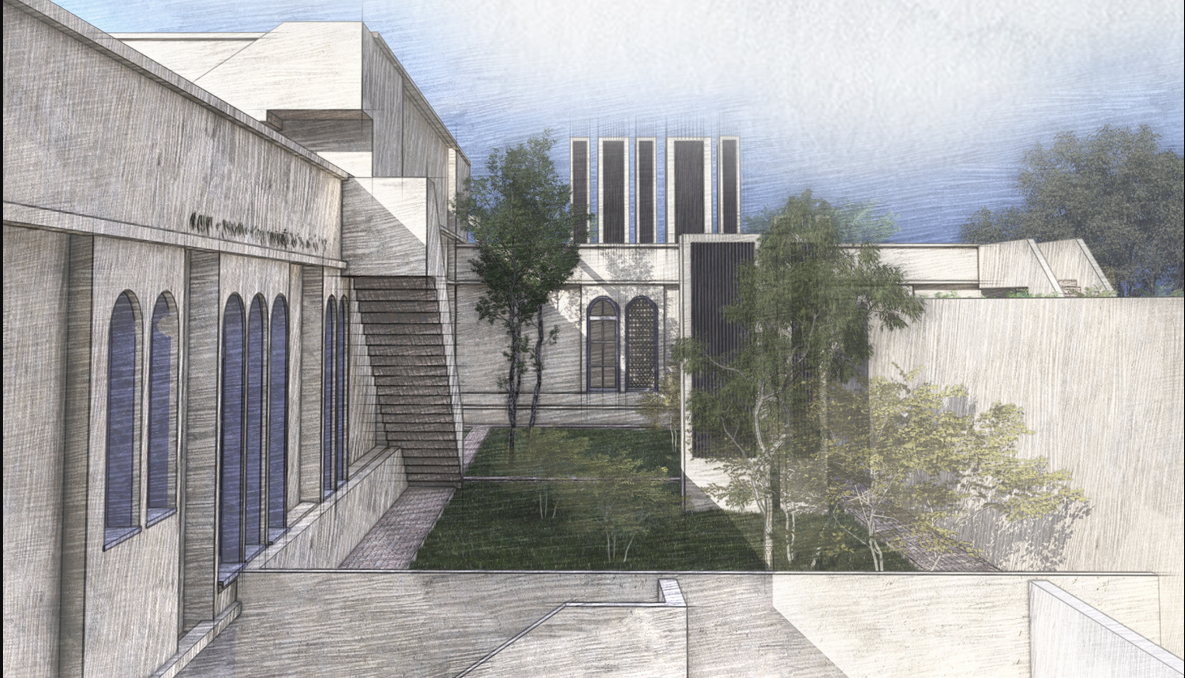 Shaded courtyards, arched openings, vegetation, and windcatchers create a calm, climate-responsive residential environment.