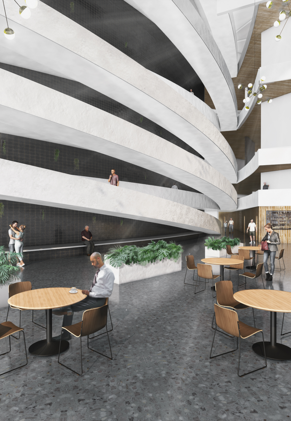 The interior lobby combines curved circulation, public seating, and open gathering spaces.