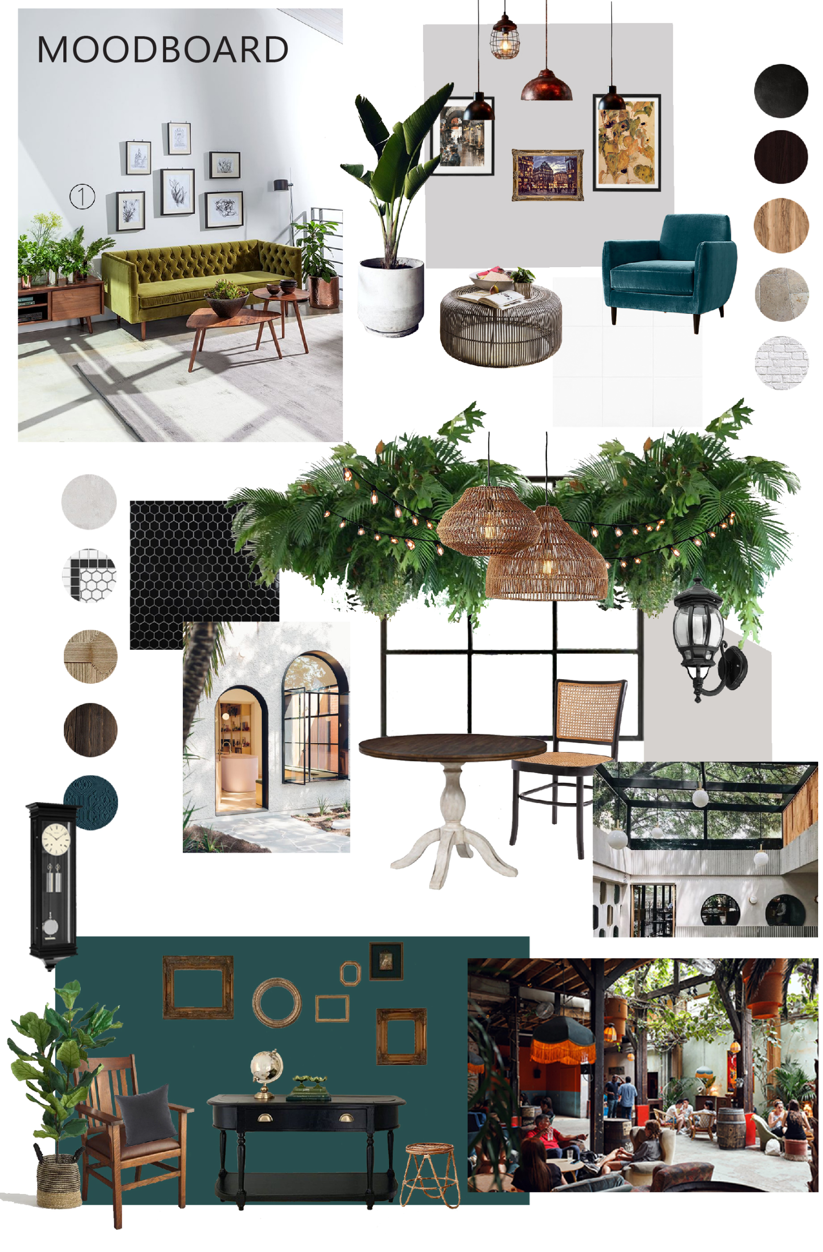 Moodboard highlighting vintage furniture, botanical elements, arched openings, and warm café textures.