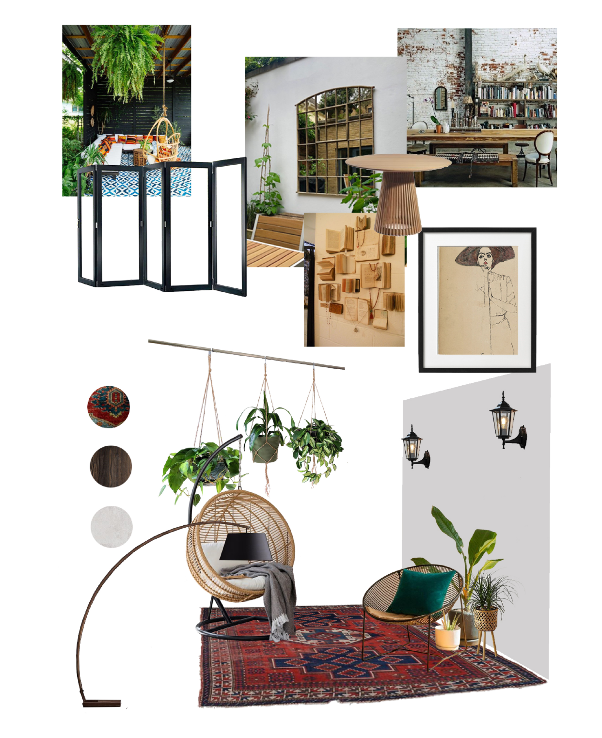 Interior inspiration board combining books, plants, rugs, hanging chairs, and relaxed lounge seating.