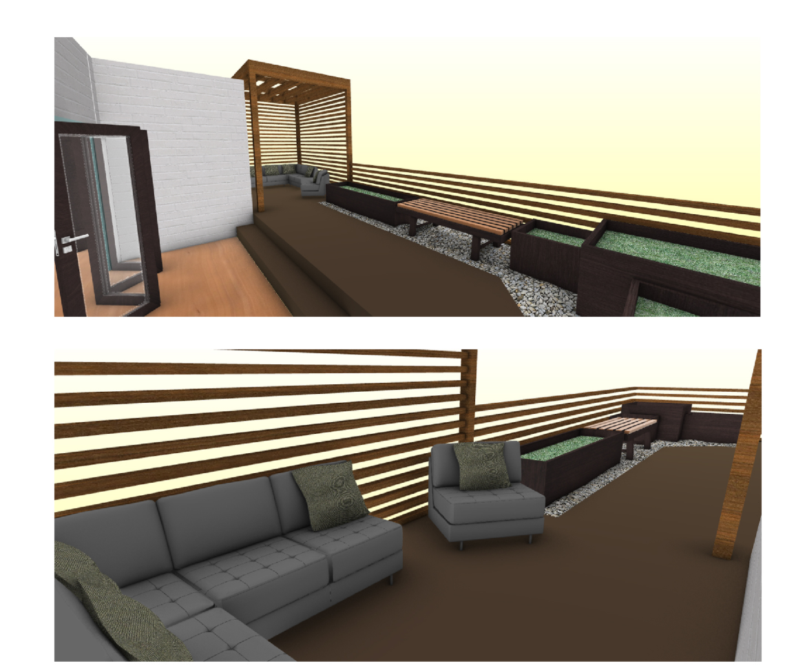 Patio lounge with timber screens, soft seating, planters, and a calm outdoor café atmosphere.
