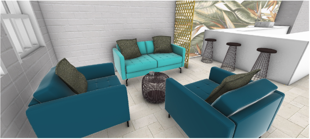 Cozy service lounge with teal seating, botanical wallpaper, and a compact grab-and-go counter.