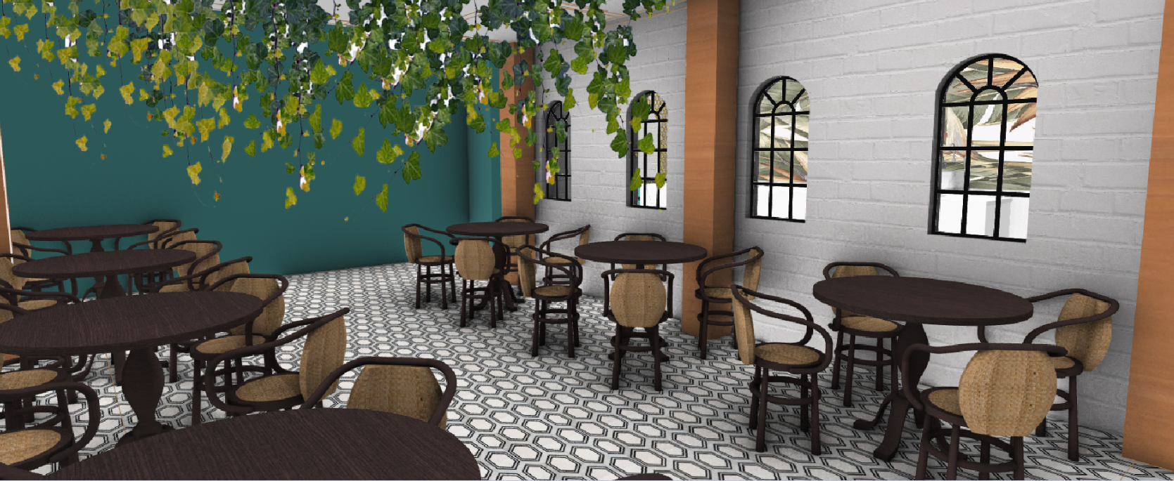 Courtyard dining area with arched windows, hanging greenery, patterned flooring, and classic café seating.