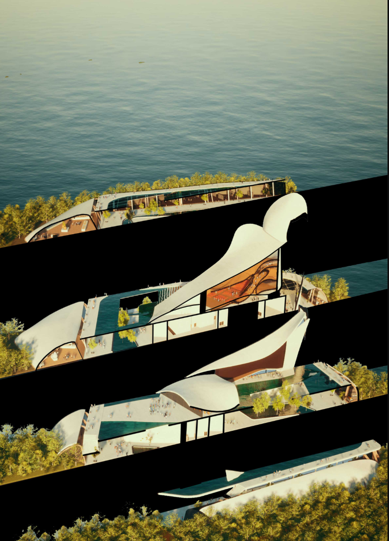 Section drawing showing stacked terraces with curving white canopies and green plantings by the waterfront