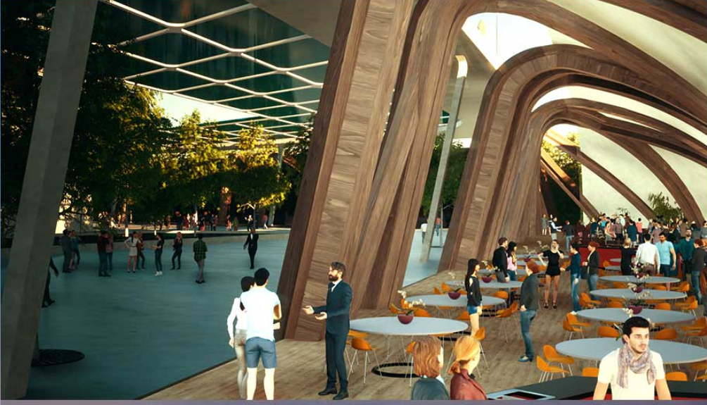 Interior dining area with laminated timber arches framing views to an outdoor plaza at dusk