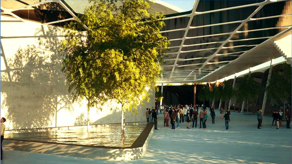 Sunlit plaza beneath a cable-supported canopy with a single tree casting shadows on pale paving
